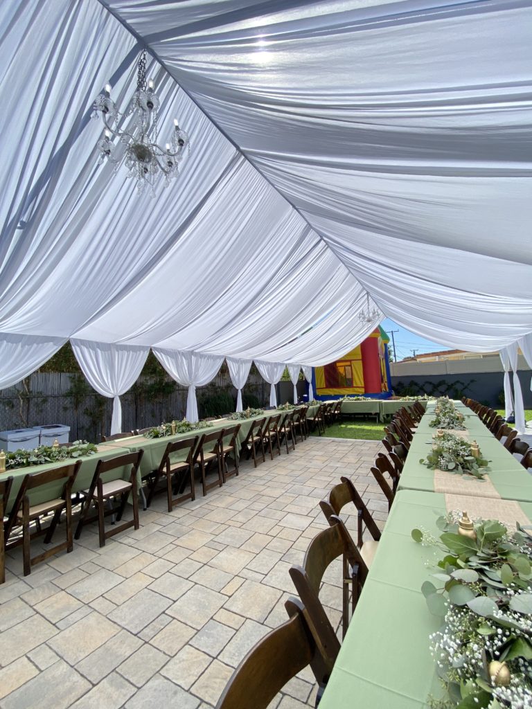 All White Naked Tent Draping. Rustic Theme Baby Shower. Tent size 20ftx40ft